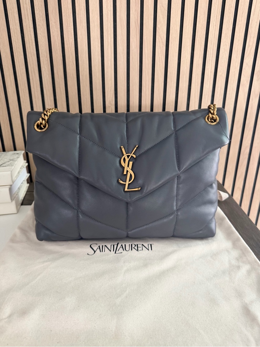 Saint Laurent Quilted Leather Shoulder Bag in Dark Gray with Gold Hardware